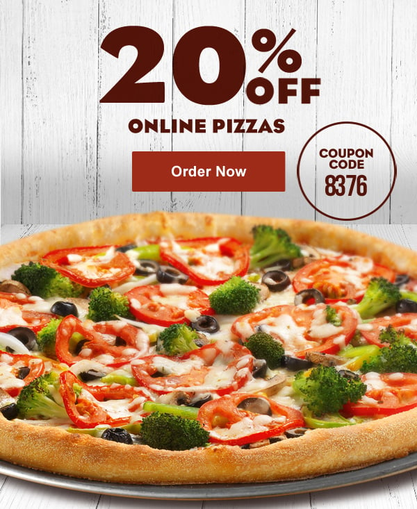 20% Off Your Online Pizza Order.  Use Coupon code 8376. Offer expires 6/13/2021 . 